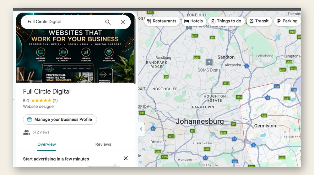 Full Circle Digital Google Maps business profile with Overview tab and location map